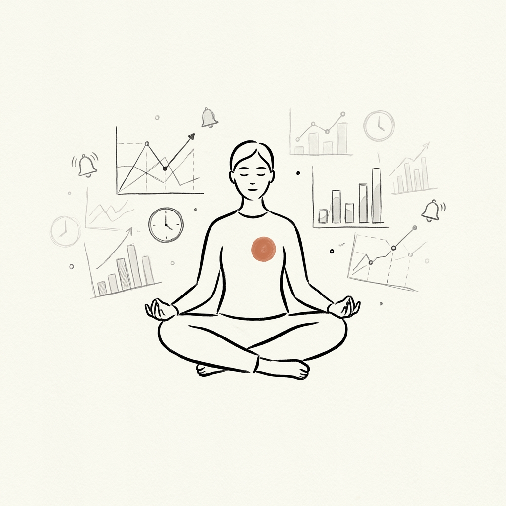 Person meditating surrounded by fading metrics and dashboards
