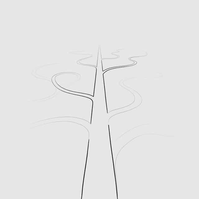 Faded ghosts of alternative paths branching off a single illuminated road